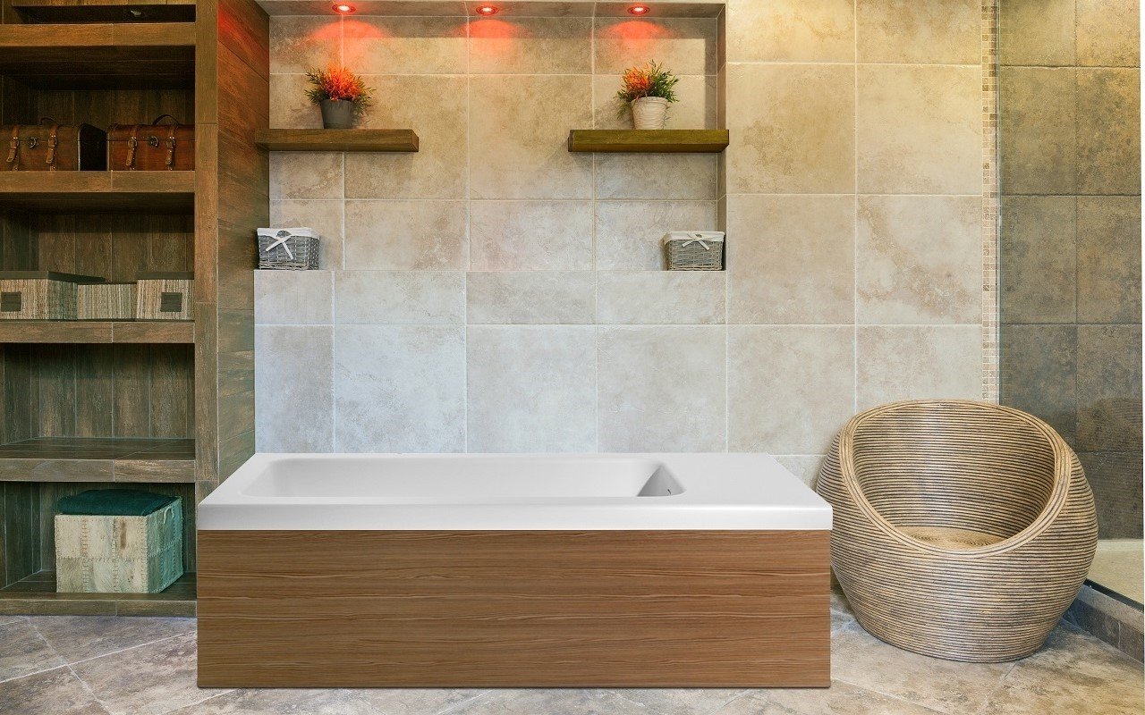 Aquatica Pure 2L Back To Wall Solid Surface Bathtub with Light Decorative Wooden Side Panels picture № 0
